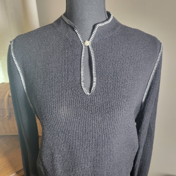 VINTAGE PUFF SLEEVE BLACK COTTON BLEND RHINESTONE TRIM SWEATER - Picture 8 of 8